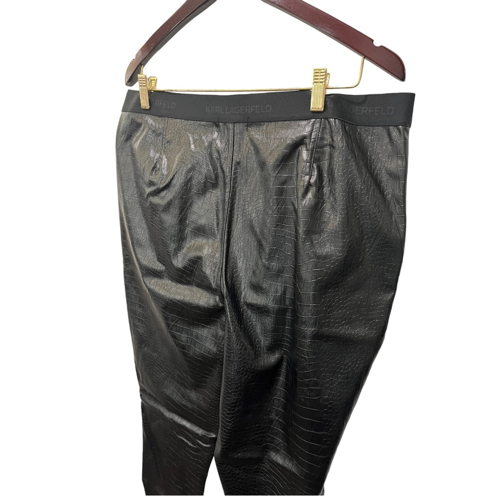 KARL LAGERFELD PARIS BLACK VEGAN LEATHER CROC PRINT ELASTIC BAND PANTS - Picture 7 of 13